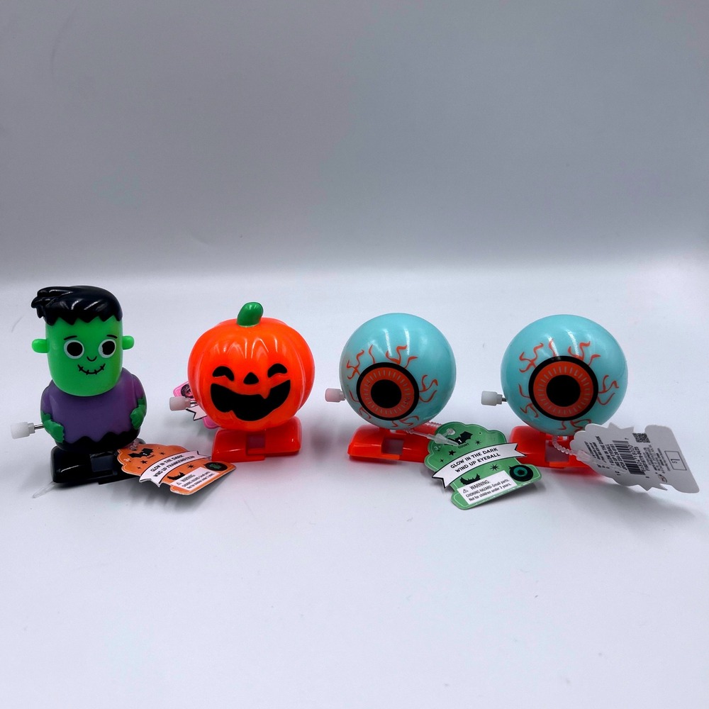 4pc Halloween Glow in the Dark Wind Up Toys Frankenstein Pumpkin Eyeball Set